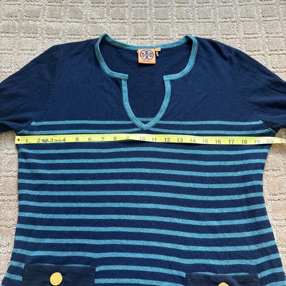 Tory Burch Wool Cashmere Sweater Women's L Striped Knit Tunic Navy Blue Preppy - Picture 8 of 10